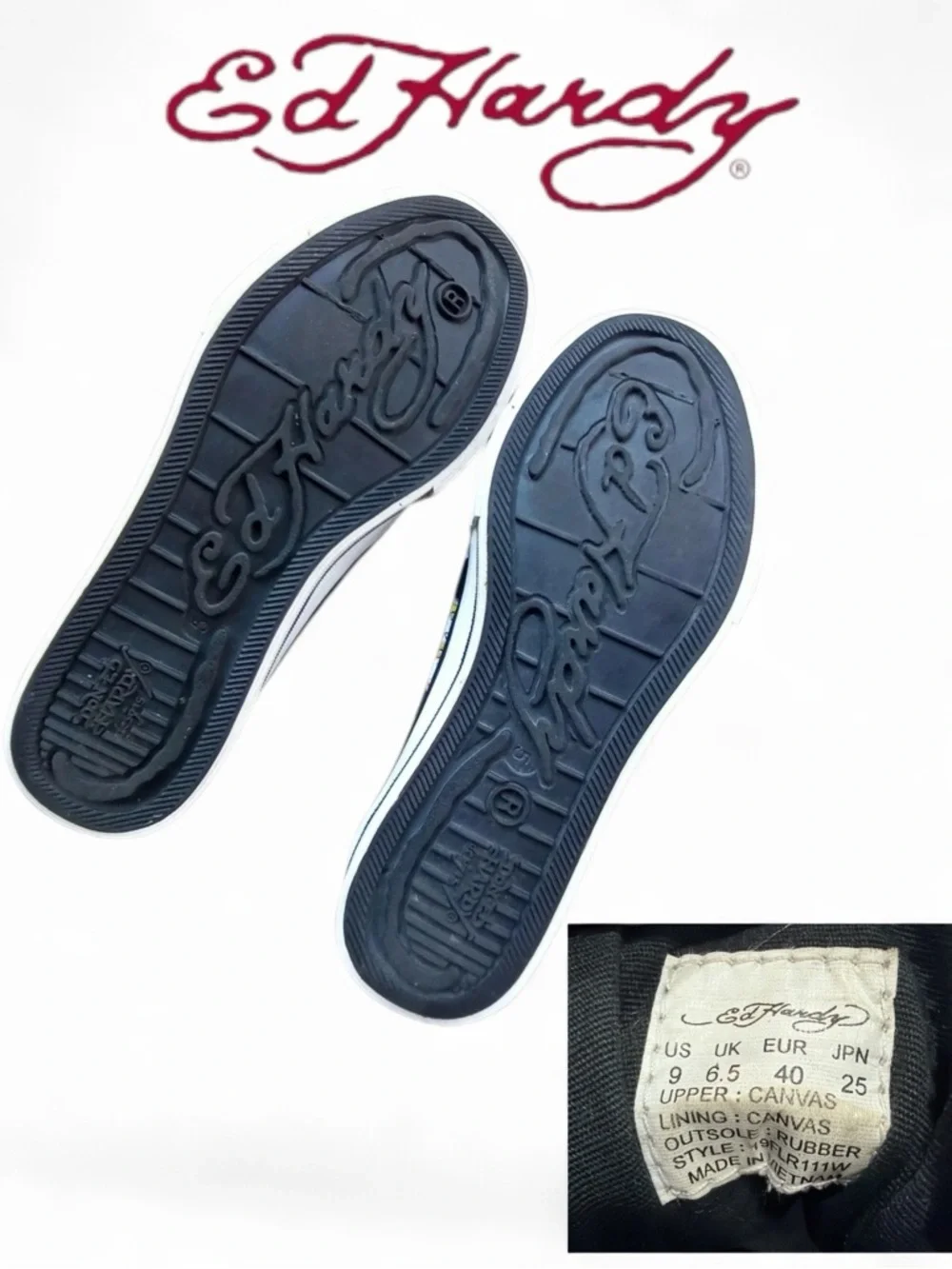 Ed Hardy Distressed Skull Dagger Laceless Low-Top Canvas Sneakers - Size 9